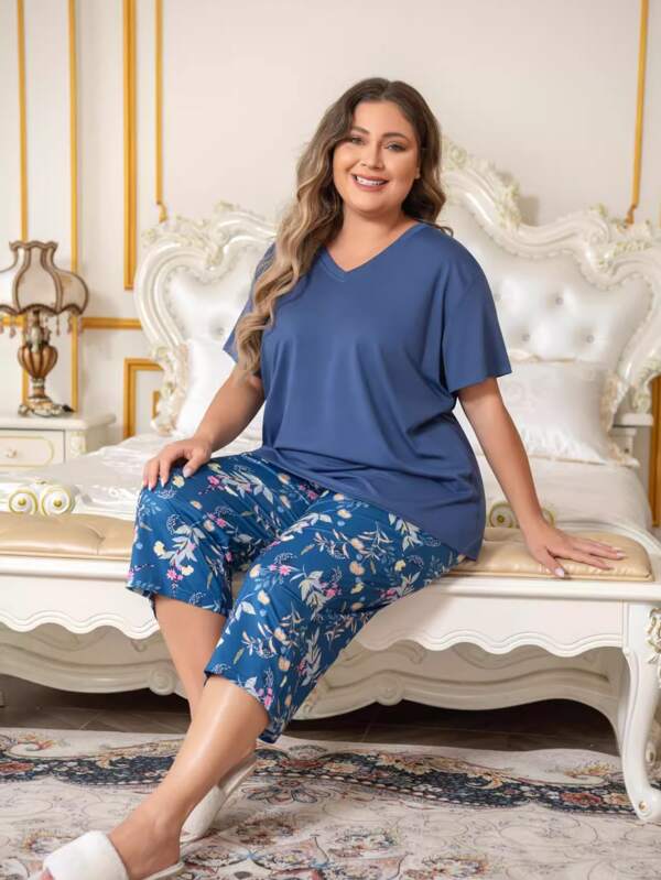 1set Women's Summer Pajamas Set, Short Sleeve & Capri Pants, Korean Style Casual Homewear Set
