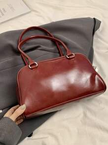 1 chiếc túi Tote da PU màu đỏ tía, túi đeo vai cho nữ có nhiều ngăn, khóa kéo sơn mài cổ điển, túi xách có sức chứa lớn, thích hợp sử dụng hàng ngày, đi làm, phong cách túi đựng bowling - Màu Đỏ Sâu - Xem 6