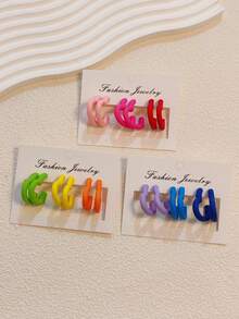 Set de 3 pares de aretes para mujeres Y2K de moda de verano en forma de C con diseño pintado y con colores llamativos y dulces, adecuado para citas - 3 pares de pendientes love en forma de C - Ver 3