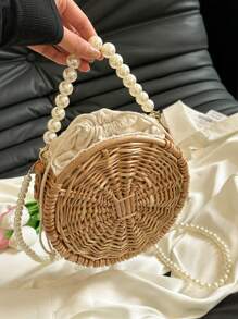 Handmade Woven Rattan Bag, Round Woven Willow Handbag, Gift Basket With Pearl Handle, Can Be Used As A Shoulder Bag, Souvenir Bag, Home Decoration - 玫瑰金 - 查看 5