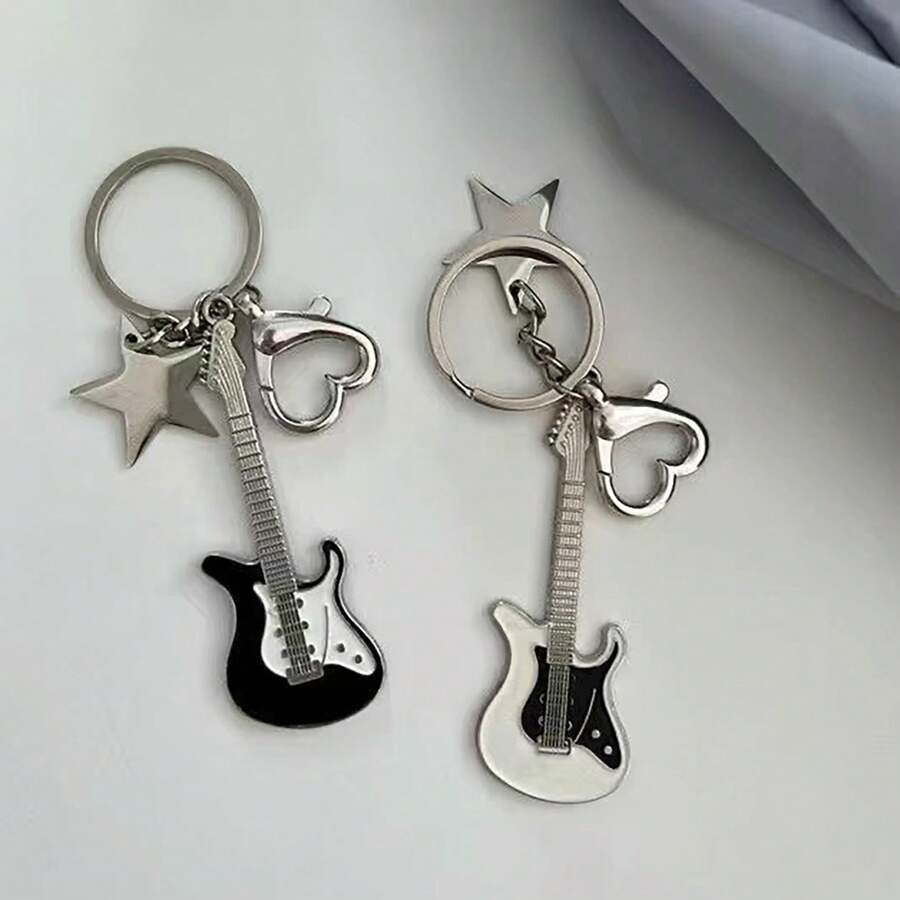 2 chiếc móc khóa đàn guitar sáng tạo phong cách Y2K, mặt dây chuyền ba lô học sinh ngày lễ tình nhân - Đen và trắng - Xem 1