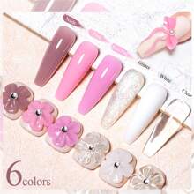 MEET ACROSS 6pcs/Set Non-Stick Solid Nail Extension Gel Kit - Transparent, Pink, White Glitter Extension Hard Gel, Gel Extension Nail Kit, 3D Carved Flower Nail Shaping Gel, Rhinestone Gel, Easy-To-Use Acrylic Nail Extension Set, Home & Salon Manicure Kit For Women Nails - 彩色 - 查看 5