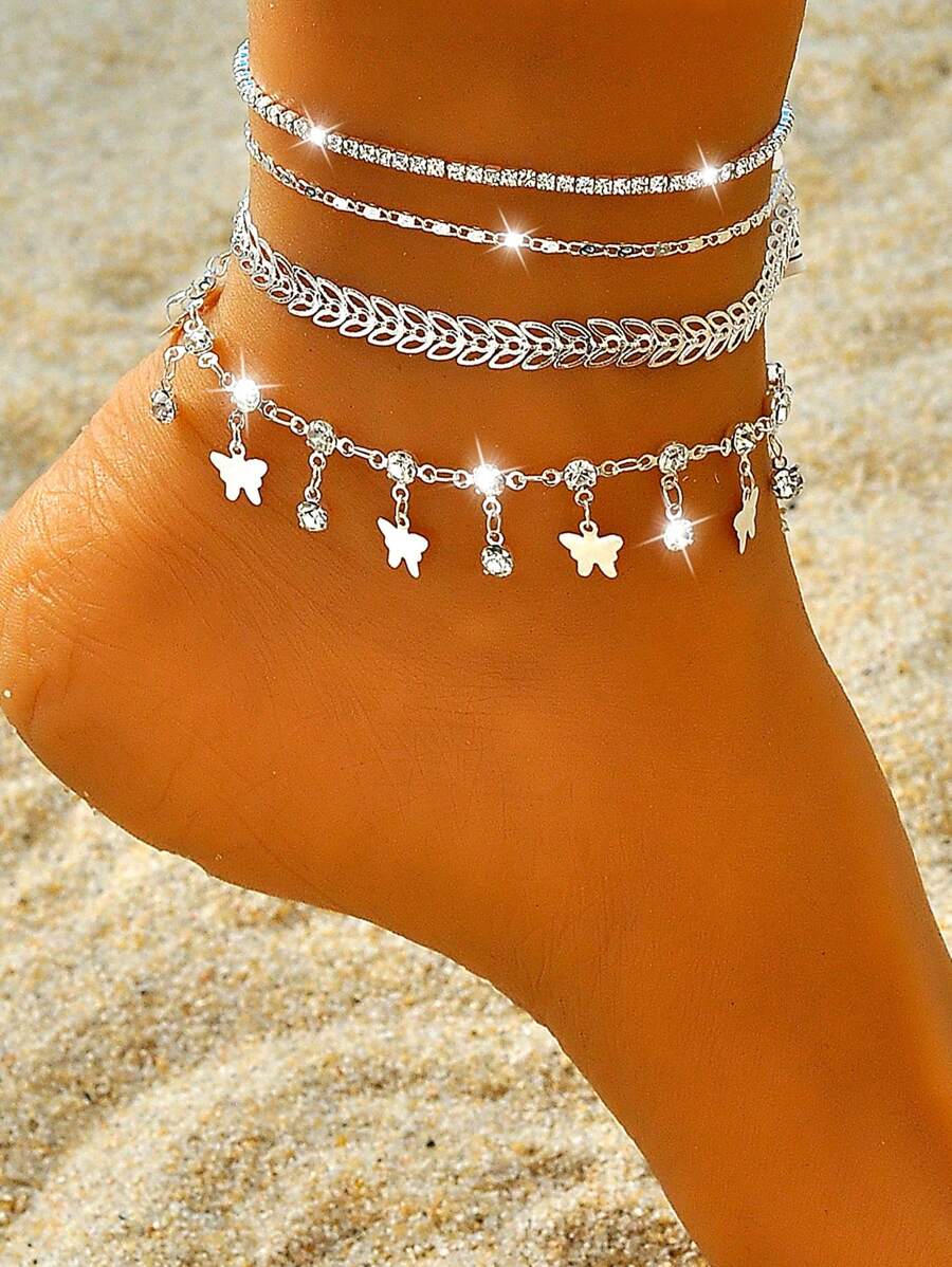 4 pièces Ensemble de bracelets de cheville à plusieurs couches en forme de cœur avec cubique de zircone, simple et à la mode (nombre aléatoire de perles) pour femmes, Saint-Valentin, maman, mère, fête des mères, cadeau - argent brillant - Voir 1
