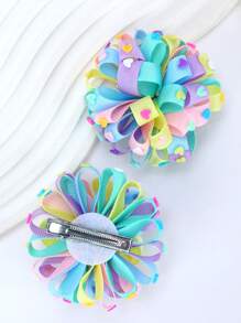 2pcs Macaron Colored Heart Pom Pom Hair Clip For Girls' Hair Decoration - Multicolor - View 3