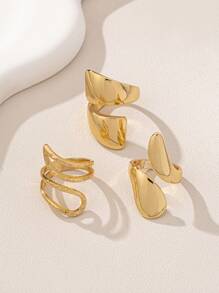 3pcs Alloy Geometric Bend Hook Shaped Gold-Color Rings, Simple And Stylish - Yellow Gold - View 3