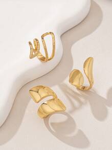 3pcs Alloy Geometric Bend Hook Shaped Gold-Color Rings, Simple And Stylish - Yellow Gold - View 4