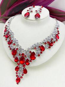 2pcs Women's Necklace And Earrings Set, European And American Style Elegant Bridal Jewelry Set With Imitation Gemstones And Rhinestones For Wedding Dress, Evening Dress And Personal Photo Shoot Accessories, Gorgeous And Exquisite Craftsmanship
