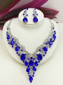 2pcs Women's Necklace And Earrings Set, European And American Style Elegant Bridal Jewelry Set With Imitation Gemstones And Rhinestones For Wedding Dress, Evening Dress And Personal Photo Shoot Accessories, Gorgeous And Exquisite Craftsmanship