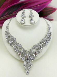 2pcs Women's Necklace And Earrings Set, European And American Style Elegant Bridal Jewelry Set With Imitation Gemstones And Rhinestones For Wedding Dress, Evening Dress And Personal Photo Shoot Accessories, Gorgeous And Exquisite Craftsmanship