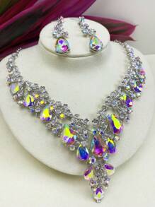2pcs Women's Necklace And Earrings Set, European And American Style Elegant Bridal Jewelry Set With Imitation Gemstones And Rhinestones For Wedding Dress, Evening Dress And Personal Photo Shoot Accessories, Gorgeous And Exquisite Craftsmanship
