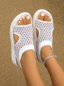 Sandale casual plate, cu vârf deschis, respirabil, comerț exterior, la modă, stil european și american, mărime mare, pantofi de plajă, stil sport, femei, stil nou pentru vară, mărime plus, sandale romane scobite pentru fete.