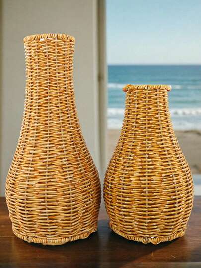 1pc Vintage Woven Vase, Handmade Rattan Woven Flower Basket, Suitable For Bookshelf, Bathroom, Bedroom, Shelves, Living Room, Farmhouse, Office, Tabletop Decor, Birthday Graduation Gift, Home Decor, Room Decor, Glass Vase