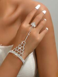 時尚全鑲鑽心形流蘇設計戒指手鍊組合鏈