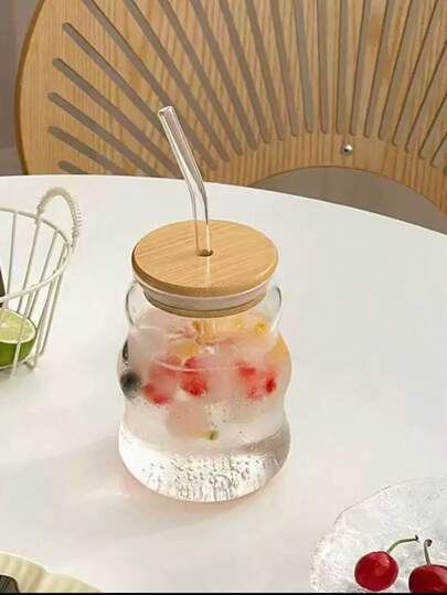1 Clear Glass With Lid And Straw, 500ml Coffee Cup