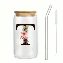 1個個性化字母咖啡杯，供辦公室和家用，由A到Z的霧面玻璃杯，帶有竹蓋和吸管，高硼硅耐高溫玻璃杯，適用於送給女性，媽媽，最好的朋友，新娘和伴娘的生日禮物 - 無色 - 查看 11