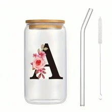 1個個性化字母咖啡杯，供辦公室和家用，由A到Z的霧面玻璃杯，帶有竹蓋和吸管，高硼硅耐高溫玻璃杯，適用於送給女性，媽媽，最好的朋友，新娘和伴娘的生日禮物 - 無色 - 查看 15