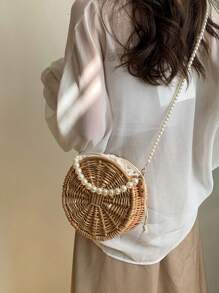 Handmade Woven Rattan Bag, Round Woven Willow Handbag, Gift Basket With Pearl Handle, Can Be Used As A Shoulder Bag, Souvenir Bag, Home Decoration - 玫瑰金 - 查看 4