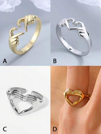 1入組兩隻手可調節開口戒指製作心形裝飾女士