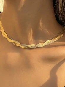 1 套金色双层链鱼骨项链、手链、耳环套装，配人造珍珠和水钻，男女通用情侣时尚配饰