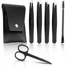 鑷子套裝，包括6只眉毛鉗，專業的面部鉗眉修護套裝，女性專用鉗子，帶皮革盒，黑色，附曲線眉毛剪修夾，適用於內生毛 - 黑色 - 查看 2