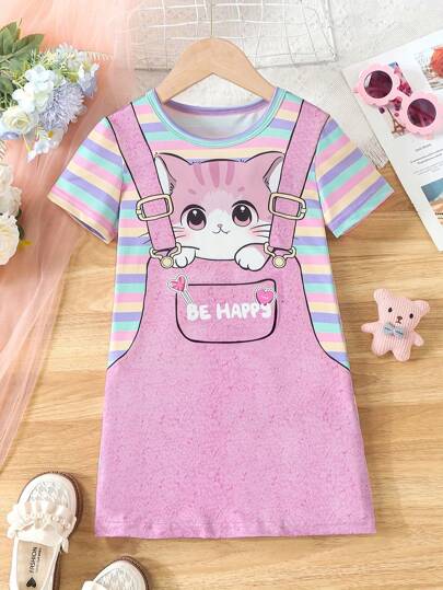 Girl Cute Strap Cartoon Pattern Printed Stripe T-Shirt Dress Casual Short Sleeve Outing Holiday Dress,Young Girl Clothes Girls