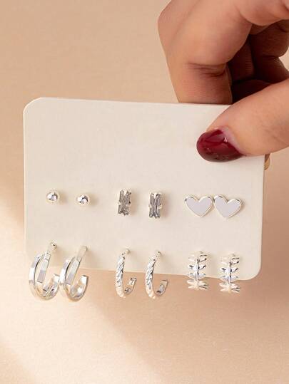 1pair Classic & Fashionable Elegant School Style Transparent Gemstone Decorated Heart Shape & Leaf Shaped 6pairs Small Stud Earrings & Hoop Earrings Set Gift For Women, Suitable For Daily Wear & Jewelry Collection Valentines