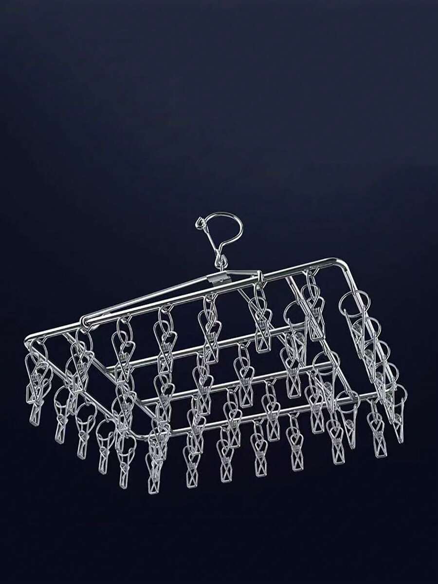 1pc Stainless Steel Foldable Sock Hanger With Multiple Clips, Windproof Baby Clothes Drying Rack, Home Daily Necessities
