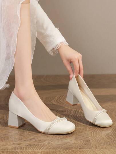 Zapatos de tacón alto de mujer con estilo francés, de moda y versátiles, con tacón ancho de 5,5 cm, decoración con perlas falsas, punta cuadrada, tacones medios, adecuados para faldas, cómodos para tallas pequeñas 34, estilo hada, zapatos de plataforma para ocasiones formales