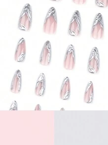 24pcs European And American Style White Silvery Water Ripples Almond Shape Nail Tips + 1pc Jelly Gel + 1pc Nail File Press On Nails Nail Supplies
