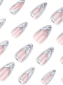 24pcs European And American Style White Silvery Water Ripples Almond Shape Nail Tips + 1pc Jelly Gel + 1pc Nail File Press On Nails Nail Supplies