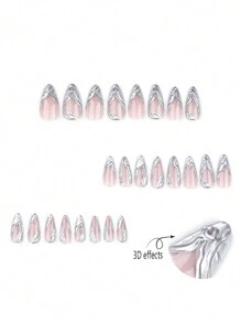 24pcs European And American Style White Silvery Water Ripples Almond Shape Nail Tips + 1pc Jelly Gel + 1pc Nail File Press On Nails Nail Supplies