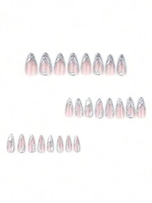 24pcs European And American Style White Silvery Water Ripples Almond Shape Nail Tips + 1pc Jelly Gel + 1pc Nail File Press On Nails Nail Supplies