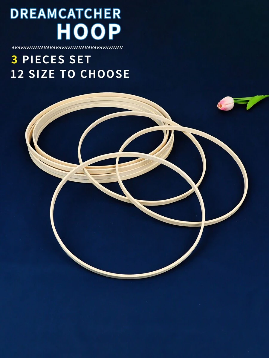 3件套米色捕夢網羽毛花環，適用於戶外草坪，婚禮裝飾竹環適用於房間牆壁和臥室，內圈適用於風鈴和森林裝飾，橫框適用於節日吊墜編織裝飾，手工十字繡織竹環，圓形竹繡環 - 米色 - 查看 1