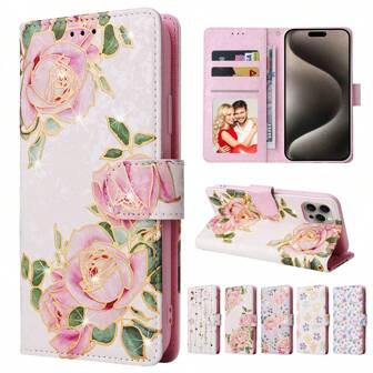 RFID Blocking Anti-Theft Embossed Hot Stamped Floral Pattern Wallet Case With Card Slots Compatible With Iphone 11 12 13 14 15 16 Pro Max For Galaxy S25 S24 Ultra S23 S22 S21 S20 A12 A13 A14 A15 A33 A53 A34 A54 A35 A55 PU Leather Stand Holder Flip Cover With Hand-Strap Waterproof Shockproof Anti-Fall Scratch Resistant