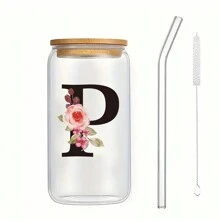 1個個性化字母咖啡杯，供辦公室和家用，由A到Z的霧面玻璃杯，帶有竹蓋和吸管，高硼硅耐高溫玻璃杯，適用於送給女性，媽媽，最好的朋友，新娘和伴娘的生日禮物 - 無色 - 查看 25