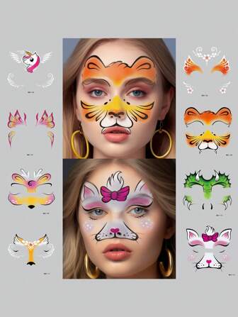 8 st Tillfälliga djuransiktsdekaler Vattenöverföring tatueringsklistermärke Fjärilshjort Enhörning Tiger Dinosour Katt Rävfestival Kroppskonsttatuering för festtillbehör och födelsedagsfestdekorationsklistermärken
