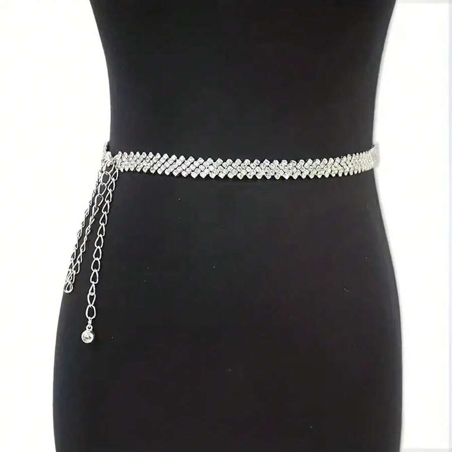 Elegant Silver Tone Rhinestone Waist Chain Adjustable Belt For Women, Suitable For Decoration Of Dresses And Body Jewelry Halloween Summer, School Fall, Autumn, Halloween - Silver - View 1