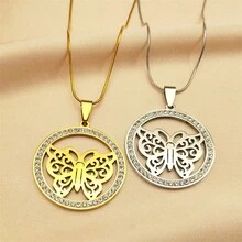 1入時尚蝴蝶鑲鑽不鏽鋼吊墜項鍊，男女通用金/銀細鏈項鍊 - 蝴蝶 - 查看 1