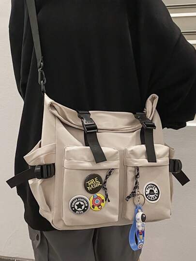 Men's Fashionable Solid Color Messenger Bag With Patched Decoration College Bag For Books Multi-Functional Dorm University Sling Bag For Man Students School Supplies Bag For Man Cylinder Bag Bag Winter Travel Bag Large Capacity Outdoor Vacation Gifts Travel Essentials Holiday Essentials Bag For Men Camping Sling Bag For Men Bags Men Summer Back To School Shoulder Bag White Bag Bag Pack Cross Body Bag Spring