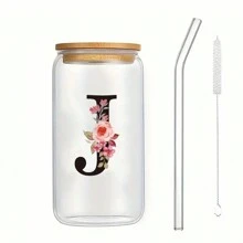 1個個性化字母咖啡杯，供辦公室和家用，由A到Z的霧面玻璃杯，帶有竹蓋和吸管，高硼硅耐高溫玻璃杯，適用於送給女性，媽媽，最好的朋友，新娘和伴娘的生日禮物 - 無色 - 查看 27