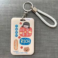 1入組帶掛繩卡通卡片收納夾-祝好運卡片盒，可收納餐卡、學生證、工作證、公車卡、通行證、校園卡