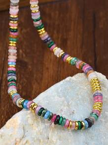 Collar de piedras naturales con cuentas de estilo bohemio en color dopamina, cadena de clavícula dulce y elegante para mujeres, adecuado para vacaciones de primavera/verano y uso diario