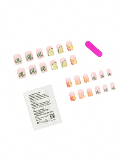 24個 かわいい レモン 模様 フォールスネイル、指をより白く見せる、ネイルファイル1個、ジェリーのり1個付き