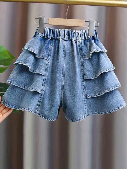Quần short váy denim Tween Girl có viền xếp nếp, kiểu váy bánh ngọt