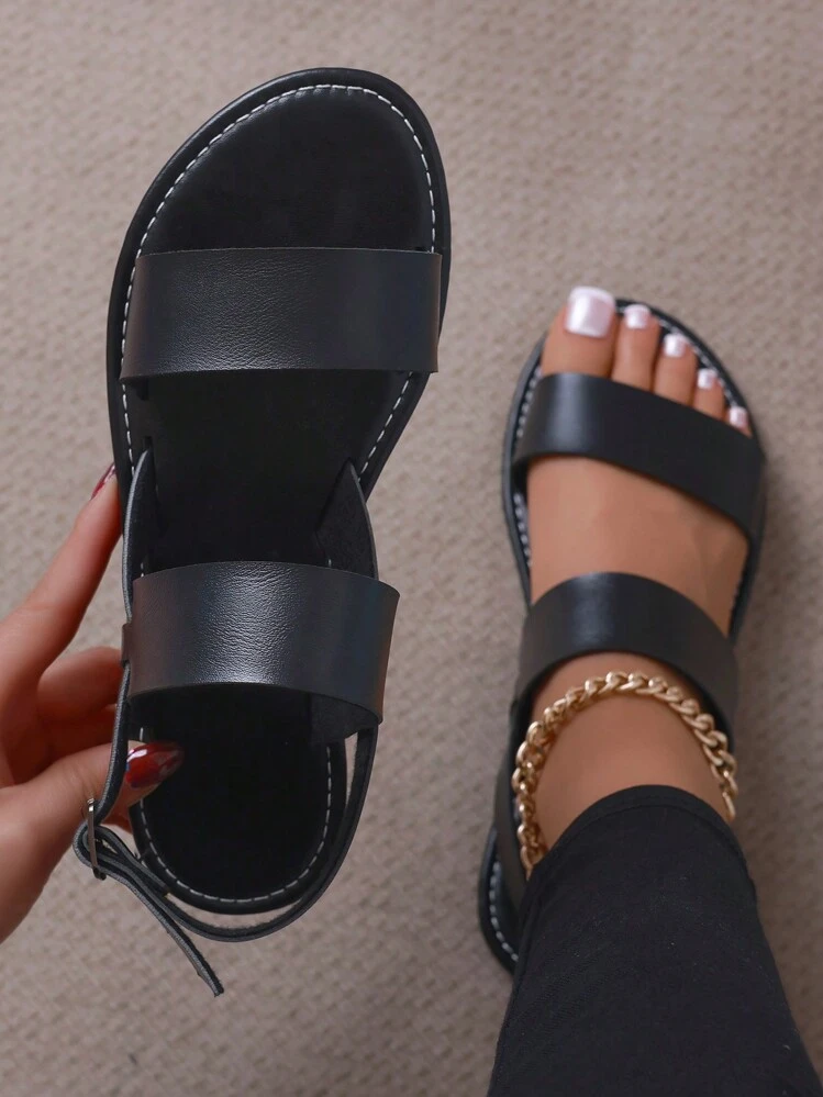 Sandalias casuales de playa tipo romano para mujer de talla grande, con puntera abierta y correa, de unicolor, con suela plana antideslizante, apropiadas para bodas en la playa, eventos y uso en casa - Negro - Añade 2