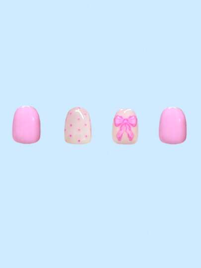 あなたの外見をアップグレード！24個セットの短い正方形の甘いボウノットネイルアート、女性や女の子に最適