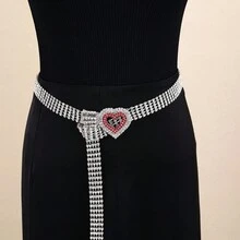 New Red Rhinestone Double Layer Heart Shaped Western Style Crystal Diamond Inlaid Waist Chain For Women - Silver Red Diamond Double Heart Waist Necklace - View 8
