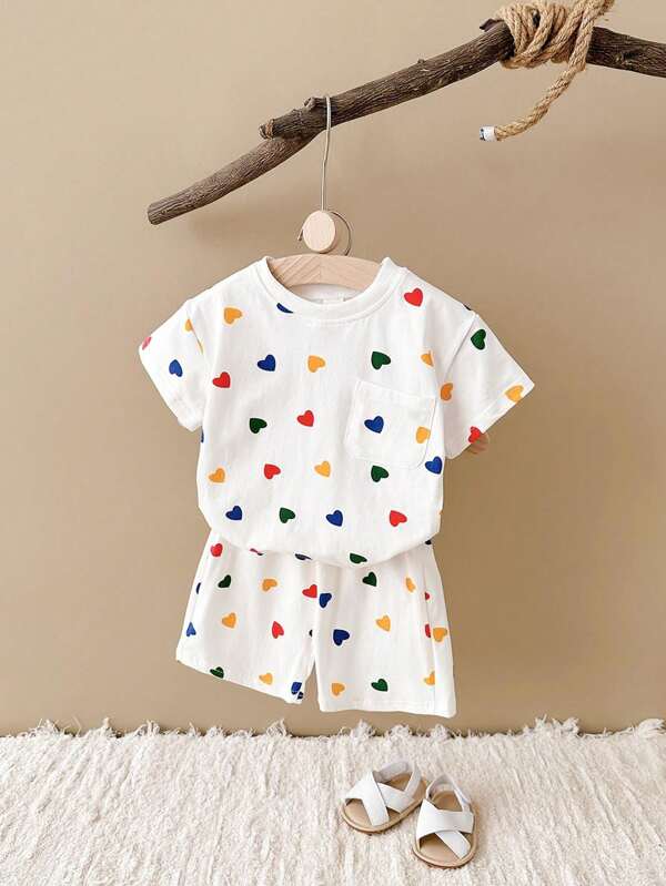 Baby Boy Heart Print Casual Cute T-Shirt Set, Summer