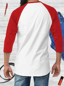 White Grunge Rocker 3/4 Sleeve T-Shirt With Long Red Rock Sleeves - Red - View 2