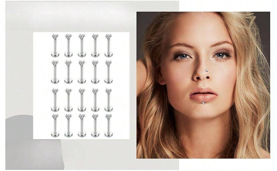 Orecchini A Barretta In Acciaio Inossidabile 316L Per Piercing – Labret, Monroe, Tragus, Helix – Con Zirconi CZ – Colori: Argento, Oro Rosa, Rosa Acqua - 2